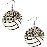 Sports Game Ball Football Basketball Wooden Leopard Print Drop Earrings for Women Holiday Round Baseball Soccer Volleyball Dangle Earrings Fans Players Jewelry-Volleyball