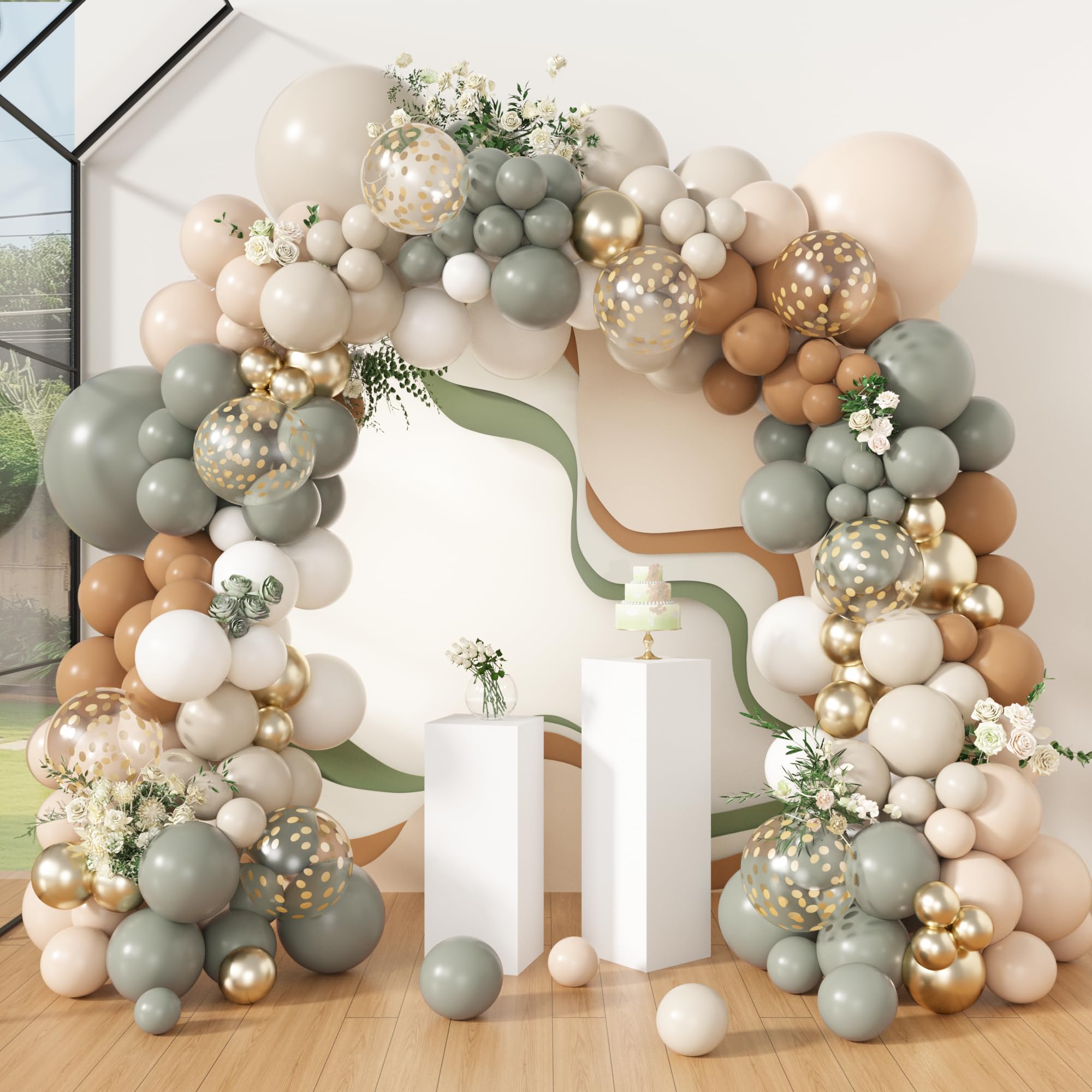 Photo 1 of Amandir 173Pcs Dusty Green Nude Balloon Arch Garland Kit, Blush Cream White Sand Avocado Green Brown Gold Confetti Balloons for Neutral Baby Shower Gender Reveal Wedding Birthday Party Decorations