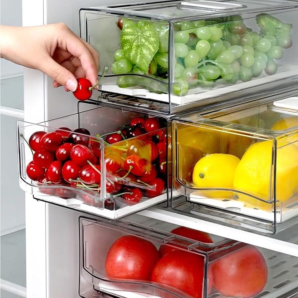 DISKARY FRIDGE ORGANIZER, STACKABLE REFRIGERATOR ORGANIZER BINS, REUSABLE FOOD STORAGE CONTAINERS, FRIDGE DRAWER ORGANIZER IN HOME KITCHEN, BARBECUE SHOP, RESTAURANT, BPA-FREE (2 DRAWERS, LARGE)