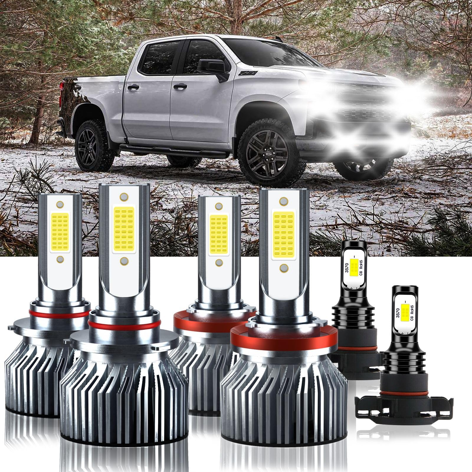 Photo 1 of TXBILMOO Compatible For Chevrolet Silverado 1500 2500 3500HD 2007-2015 High&Low Beam Fog Light Bulbs Kit, 32000LM 300% Brightness 6500K White with Cooling Fan, Plug and Play, Pack of 6