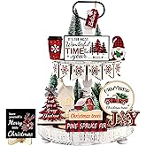 20 Pcs Christmas Tiered Tray Decor - Christmas Decorations Indoor Table Centerpieces Red and Black Buffalo Plaid Tray Decor with Snowflake, Xmas Tree, Gnome Wooden Signs for Home Shelf Decor
