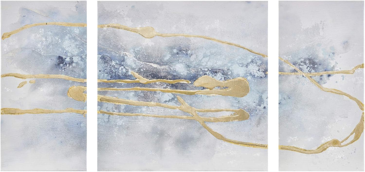 Madison Park Wall Art Living Room Cosmo Hand Embellished Canvas Home Accent Modern Dining, Bathroom Decoration, Ready to Hang Painting for Bedroom, Multi-Sizes, Blue/Gold, 3 Piece