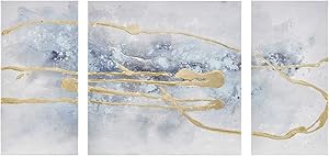 Madison Park Wall Art Living Room Cosmo Hand Embellished Canvas Home Accent Modern Dining, Bathroom Decoration, Ready to Hang Painting for Bedroom, Multi-Sizes, Blue/Gold, 3 Piece
