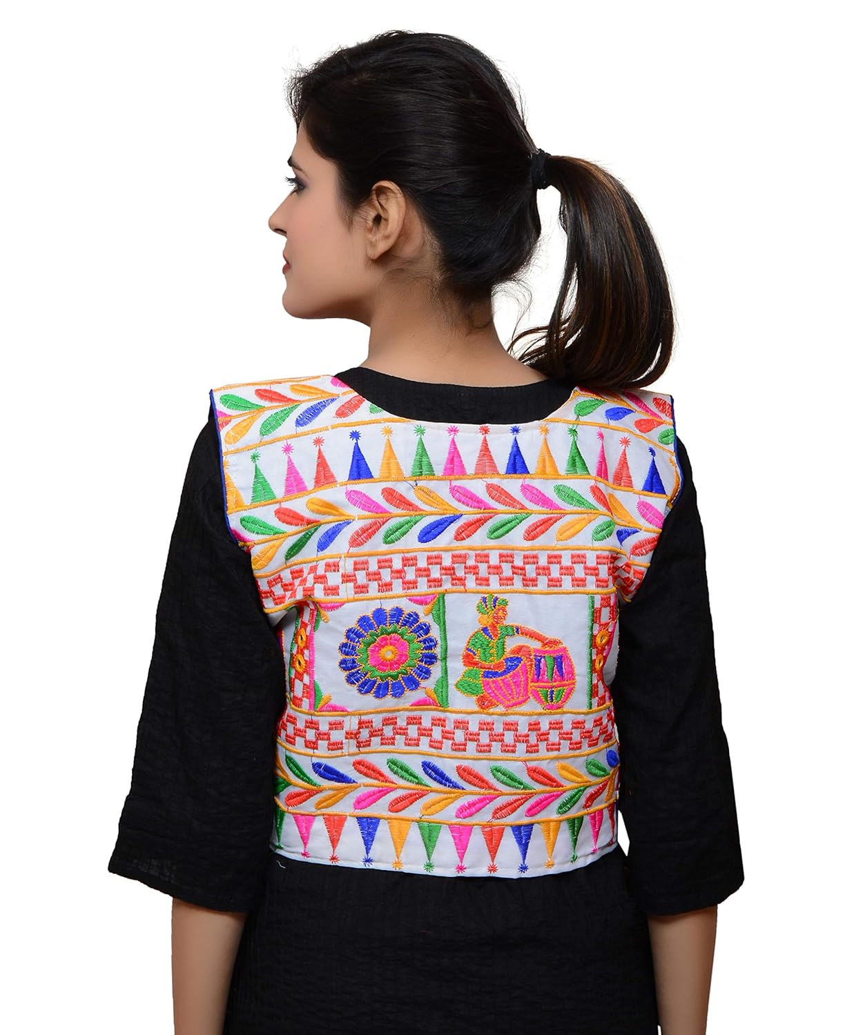 banjara india women's kutchi short jacket dholak (white)