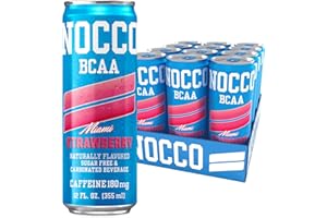 NOCCO BCAA Energy Drink Miami Strawberry - 12 Fl Oz (Pack of 12) - 180mg of Caffeine Sugar Free Energy Drinks - Carbonated & Low Calorie, BCAAs, Vitamin B6, B12, & Biotin - Grab & Go Performance Drink