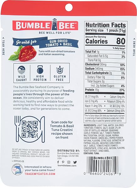 BUMBLE BEE SUN-DRIED TOMATO & BASIL SEASONED TUNA, 2.5 OZ POUCH – READY TO EAT – WILD CAUGHT TUNA PACKET – 15G PROTEIN PER SERVING – GLUTEN FREE