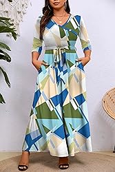 Runwind Plus Size Dress for Women 3/4 Sleeve V Neck
