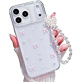 MINSCOSE for iPhone 17 Pro Max Clear Glitter Case, Cute Bow Pearl Aesthetic Girly Transparent Phone Case with Phone Charms Chain Bracelet,Soft Protective Cover for iPhone 17 Pro Max-Pink