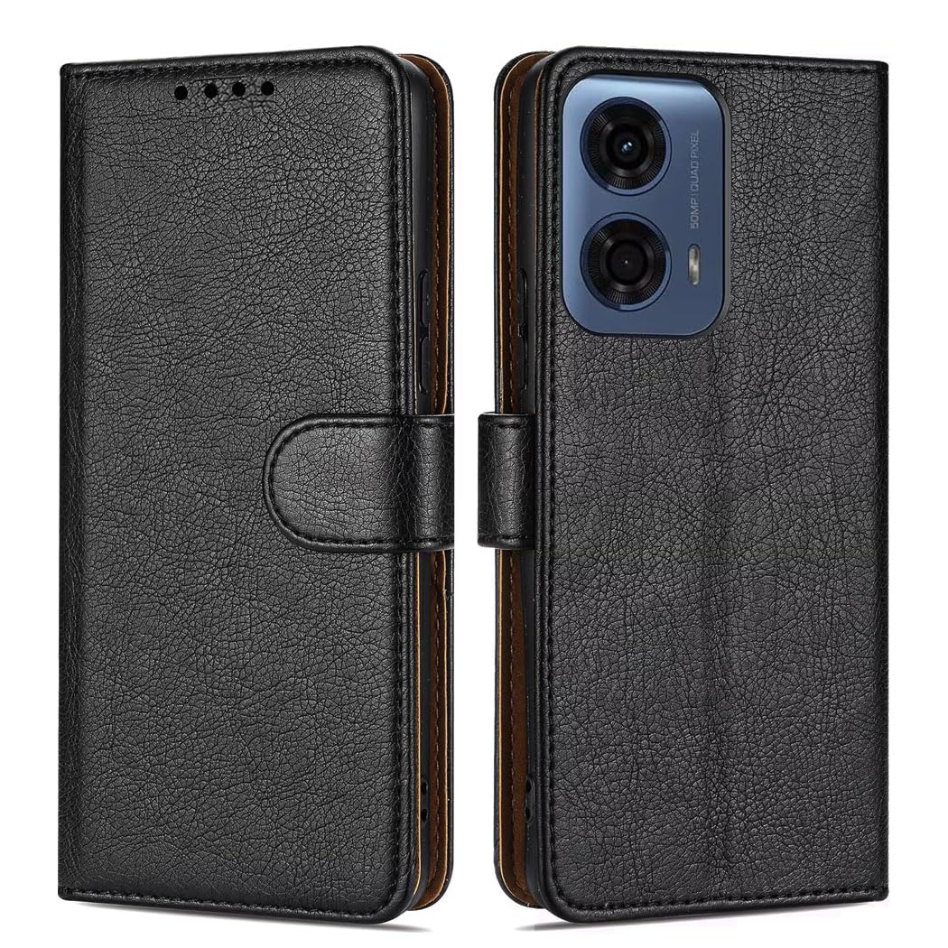 GAPlus PU Wallet Case Leather Flip Cover For Motorola Moto G04 / Moto G04s Card Holder Magnetic KIckstand Black