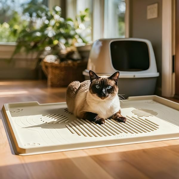 ISSEVE CAT LITTER MAT 40″ X 28″ XL, EXTRA LARGE SILICONE MAT FOR LITTER BOX, 1.38″ RAISED EDGE URINE WATERPROOF LITTER TRAPPING MAT PAD FOR SCATTER CONTROL, SOFT ON KITTY PAWS, PROTECT FLOOR (BEIGE)