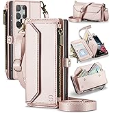 Strapurs Crossbody Wallet Case Compatible with Samsung Galaxy S22 Ultra 5G RFID Blocking 10-Card Holder Soft PU Leather Magnetic Snap Strap Zipper Pocket Phone Case Fit for Galaxy S22 Ultra - RoseGold