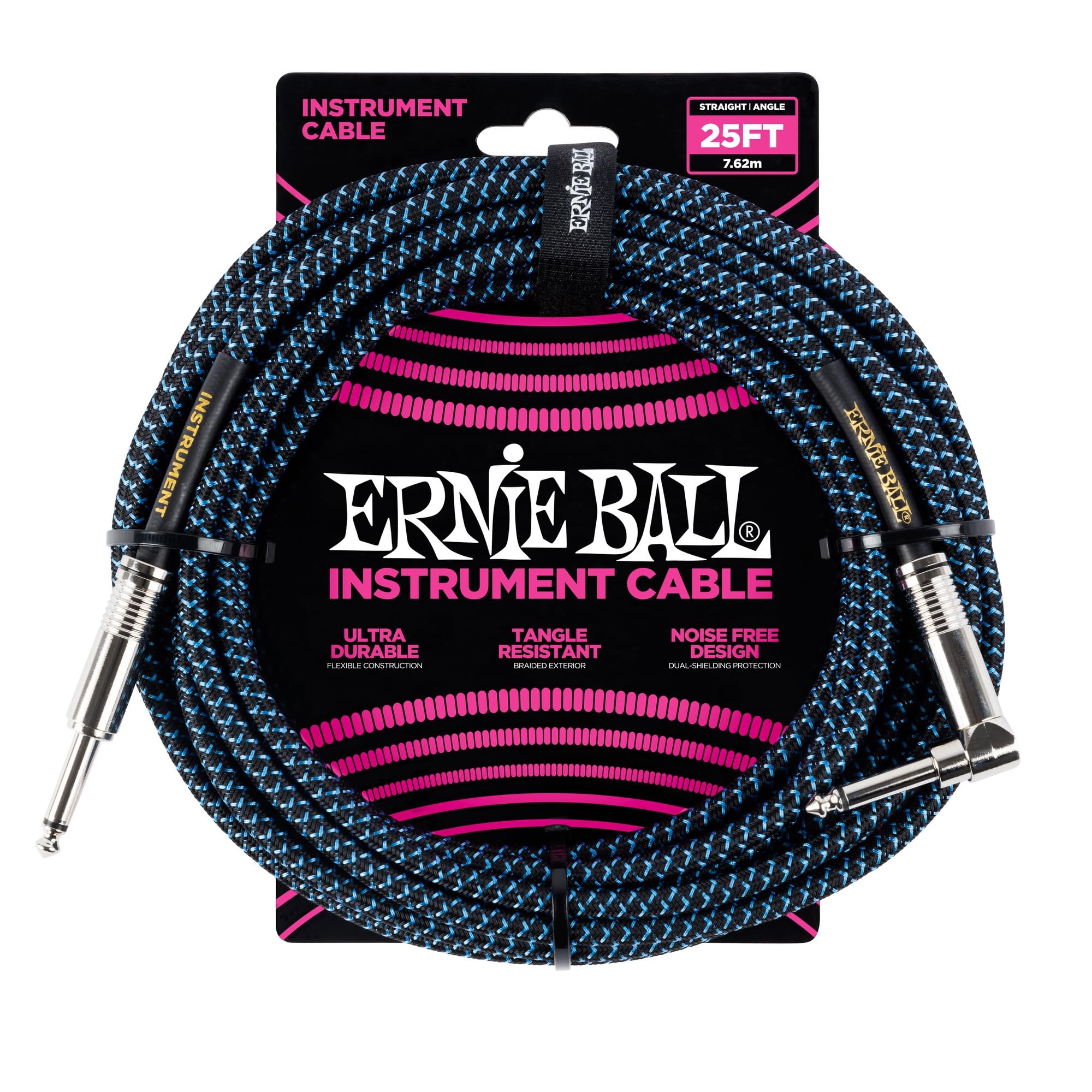 Ernie Ball 25 ft Braided Straight / Angle Instrument Cable - Black / Blue