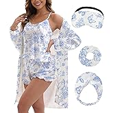MORFORU Silk Pajamas for Women 3 Piece Satin Pajama Set with Robe Camisole Tops Ruffle Shorts with Sleep Mask 2 Piece Pjs