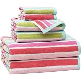 ORIGINAL KIDS 6 Piece Towel Set - 100% Cotton Cabana Stripe Kids Towel Set | Bath Time Stripe Beach Pool Bathroom Towel Set - Soft Absorbent Plush - 2 Bath Towels, 2 Hand Towel, 2 Washcloth - Pink Multi