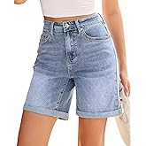 Vetinee Jean Shorts Womens High Waisted Fold Hem Stretchy Long Denim Shorts Mid Thigh Summer Casual Jorts 7 Inch Inseam