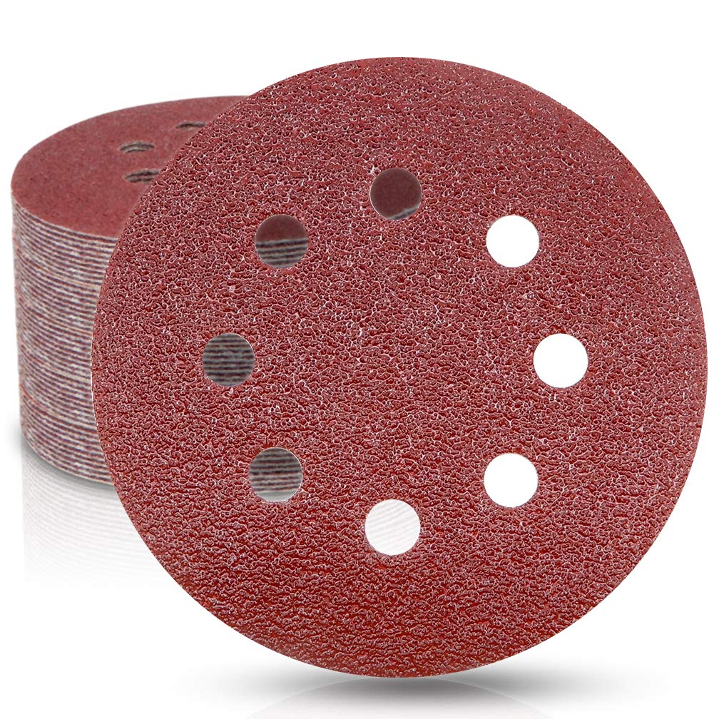 Maveek 50 Pcs 125mm Sanding Discs, 5 Inch 40 Grit Sanding Discs for Random Orbital Sander, 8-Holes Orbital Sander Discs Round Hook and Loop Sanding Pads Sandpaper for Wood Walls Metal