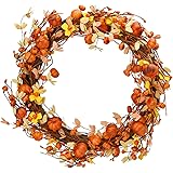 Artflower Fall Wreath Autumn Wreath Harvest Wreath with Maple Leaves and Pumpkins Artificial Fall Wreath for Front Door Table