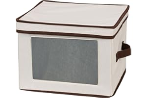Household Essentials 536 Dinnerware Storage Box with Lid and Handles | Storage Bin for Dinner Plates | Natural Canvas with Brown Trim