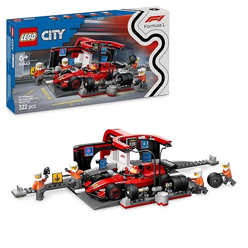 LEGO City F1 Pit Stop & Pit Crew with Ferrari Car Toy - Formula 1 Set incl. a Driver Minifigure, 4 Mechanics, Spare Tyres & Wheel Guns - Building Toys for 6+ Year Old Boys & Girls - 60443
