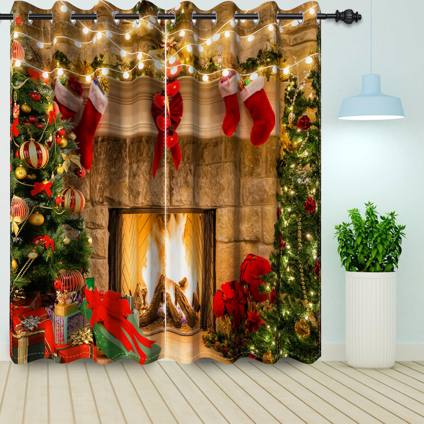 Bovlleetd Christmas Fireplace Window Curtains Xmas Tree Red Christmas Socks New Year's Eve Party Background Blackout Curtain Baby Bedroom Darkening Window Drapes 140x175cm 2 Pieces