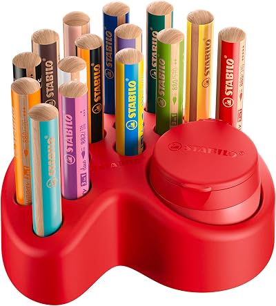 STABILO Woody 3 in 1 Deskset 15 Pencils with 10 Colours and Sharpening Container