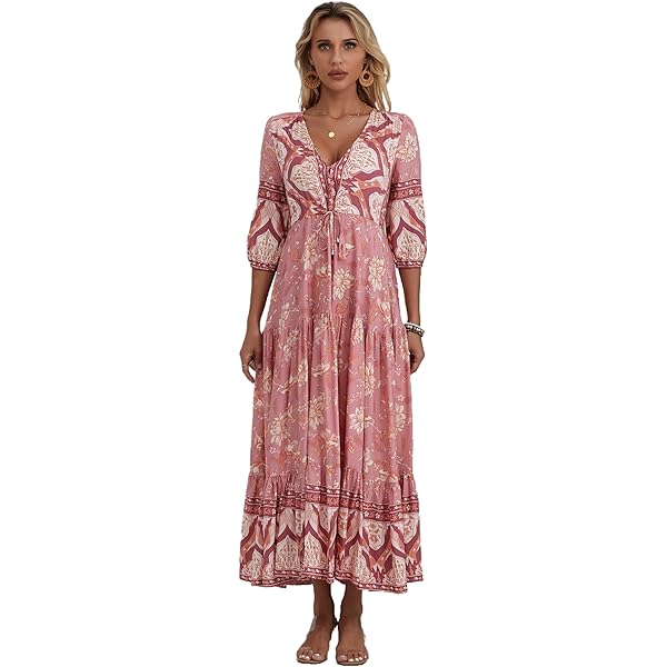 Fashion Ruffles Print Maxi Dress Women Autumn Long Sleeve Lace Up Long Dress Boho Elastic Waist A-line Vestidos - 200000345
