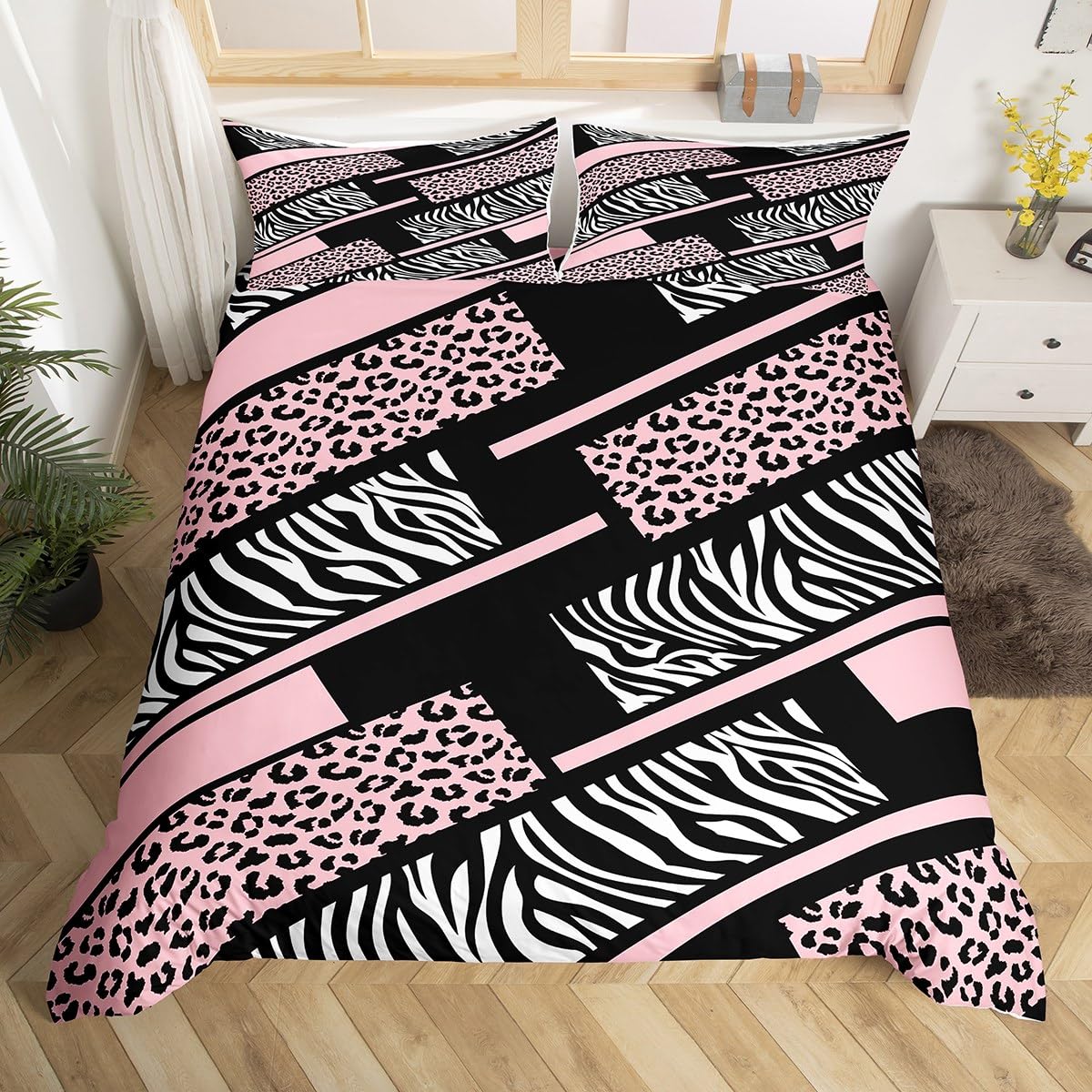 Manfei Pink Leopard Kids Duvet Cover Set Single Size, Cheetah Zebra Striped Print Comforter Cover, Wild Animal Skin Bedding Set for Girls Adults Room Decor, Lightweight Bedspread Cover, 1 Pillowcase