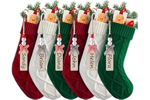 Personalized Christmas Stockings - 18 Inches Hanging Stockings with DIY Snowman Name Tags, 6 Pack Large Size Knitted Stocking