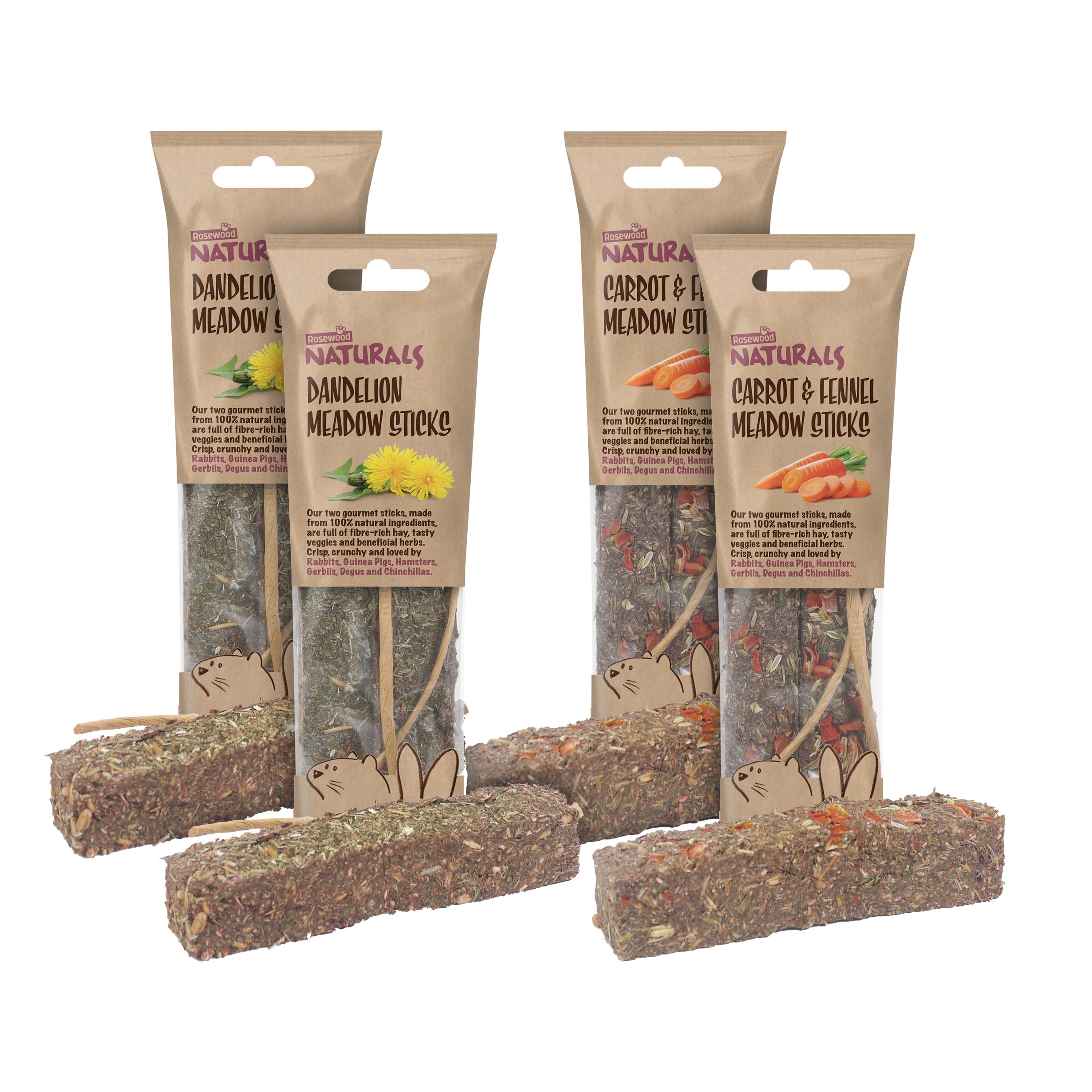 Rosewood Naturals Meadow Sticks, Small Animal Treats, Dandelion and Carrot & Fennel for Rabbits, Guinea Pigs, Chinchillas and Degus, Rich in Hay and Herbs - 140g, 2pc (Case Pack of 4)