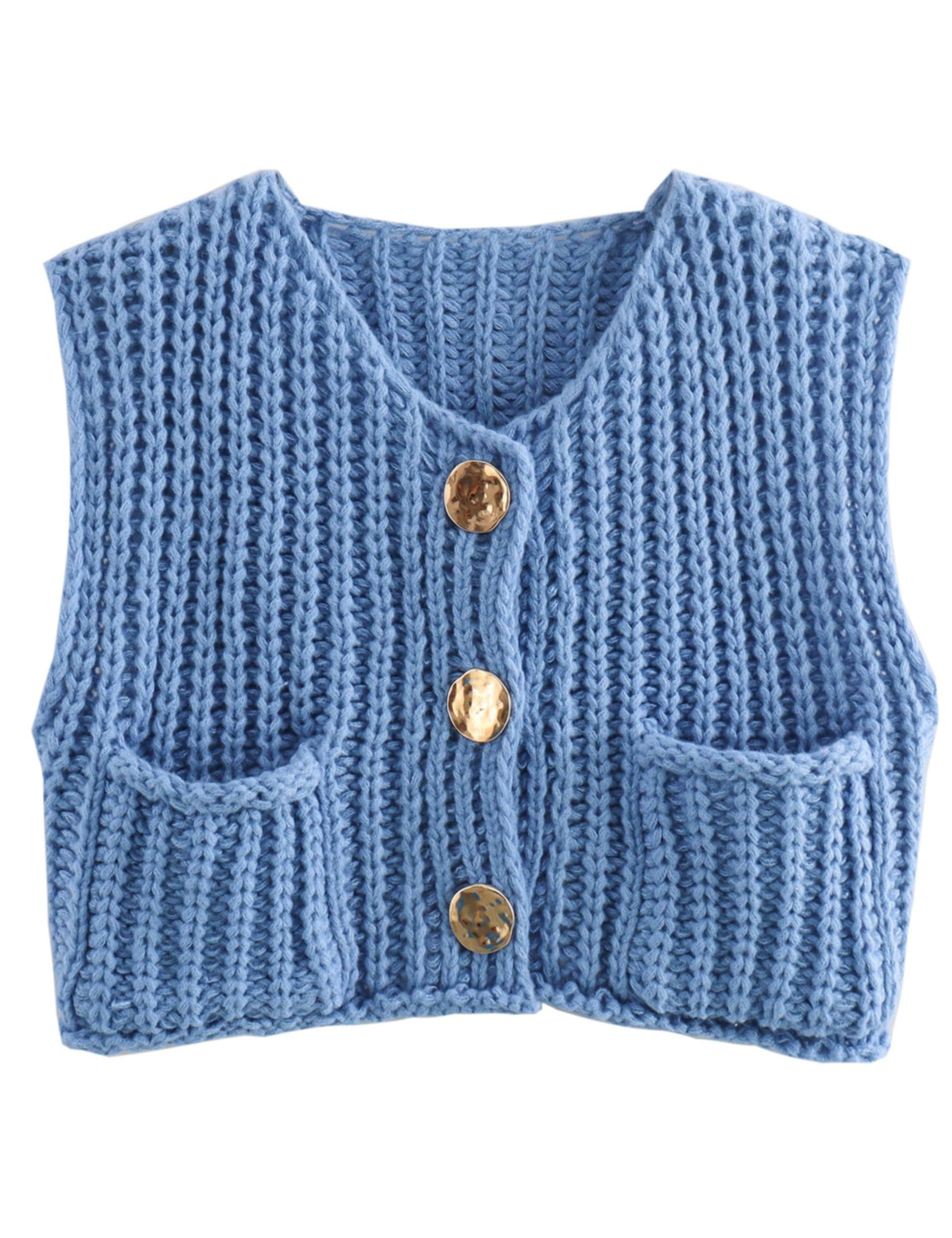 Photo 1 of (LARGE) (USED/FAIR) (BAGGED) Bgylu Women's Sleeveless Chunky Knit Top Casual Cropped Button Down Sweater Vest Open Front Cardigan with Pockets (Blue-L)