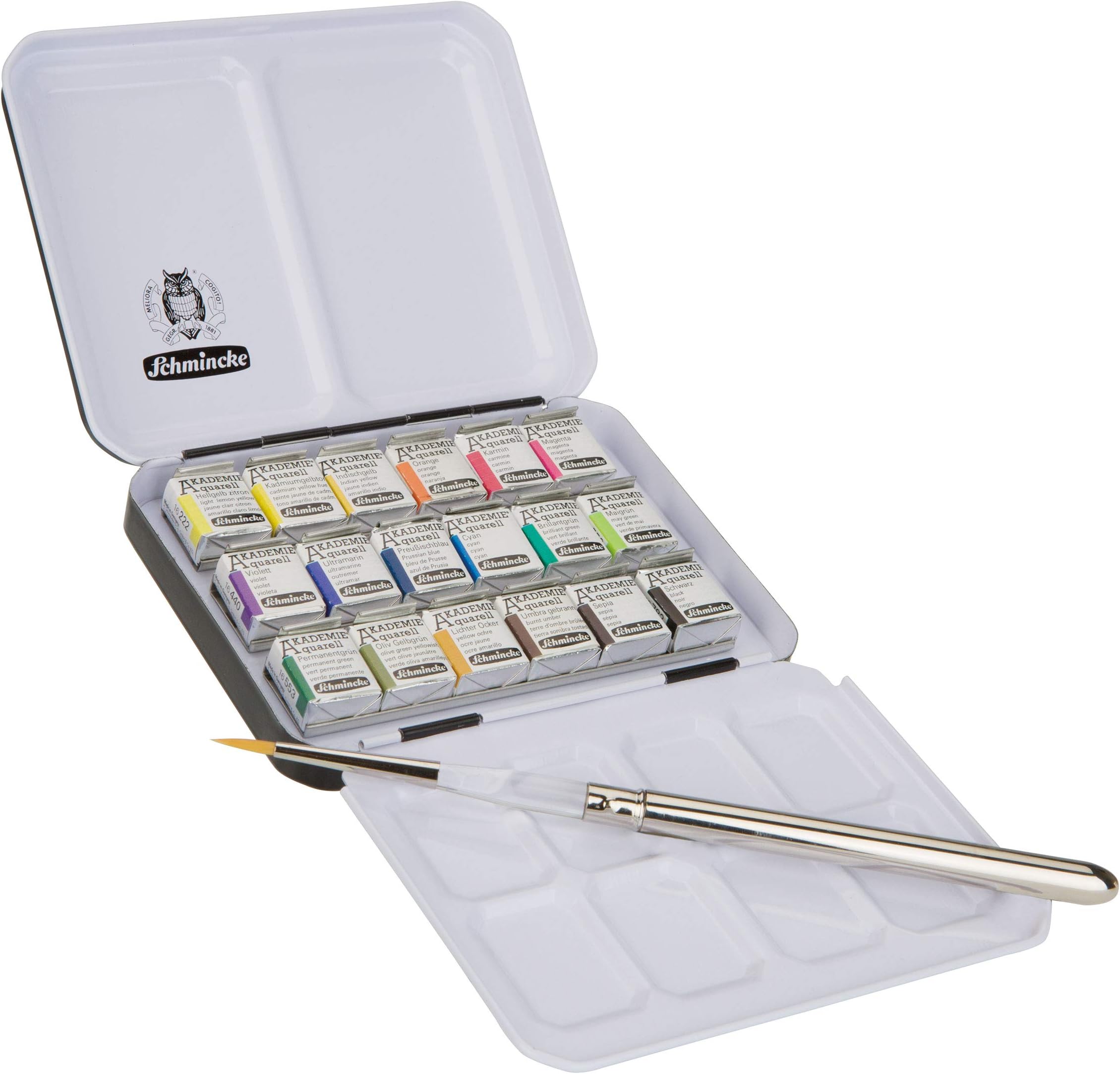 Schmincke : Akademie Watercolour Paint : Set of 18 Half Pans with Travel Brush