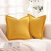 Linecooo Corduroy Yellow Throw Pillow Covers Set of 2 Striped Boho Decorative with Edge Design,Super Soft Throw Pillow Cushion Covers for Couch Sofa Living Room Solid Square 18×18inch/45cm×45cm
