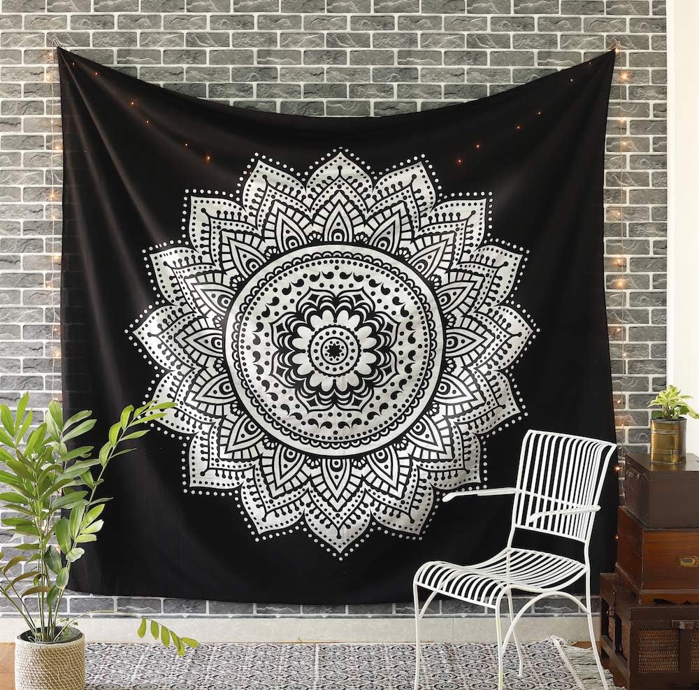 Madhu International Mandala Tapestry Wall Hanging Psychedelic Hippie Bohemian Tapestries Indian Bedding Wall Decor (Black Silver, Queen(84x90Inches)(215x230cms))