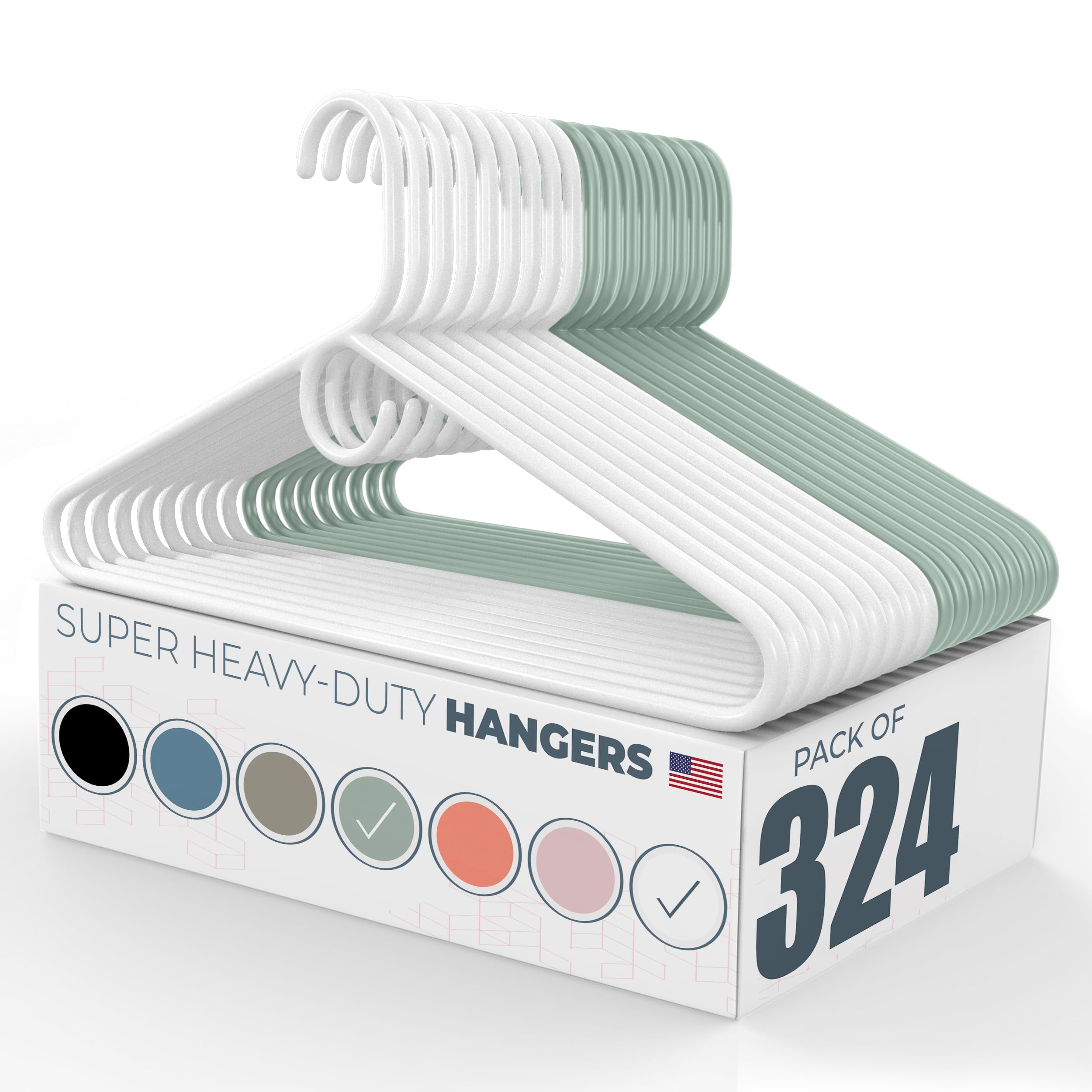 Neaties Super Heavy Duty Clothes Hangers 100+ Pack (324 Count) – Made in The USA - 10lb Capacity, Thick Plastic Hangers for Pants, Coats, Jackets, Jeans and Adult Clothing – White & Mint Image