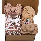 Baby Girl Gift Set - 5-Piece Baby Girl Shower Gifts with Muslin Swaddle Blanket, Wooden Teether, Headbands & Hello World Milestone Card - Newborn Welcome Box, Unique Present for Girls
