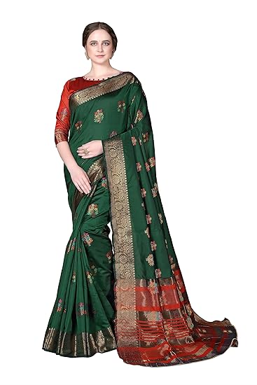 Women's Kanjivaram Cotton Art Silk Blend Saree With Unstitched Blouse Piece