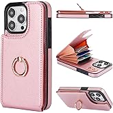 Folosu Compatible with iPhone 15 Pro Max Case Wallet with Card Holder, 360°Rotation Finger Ring Holder Kickstand, RFID Blocking Leather Protective Double Buttons Shockproof Cover 6.7 Inch Rose Gold