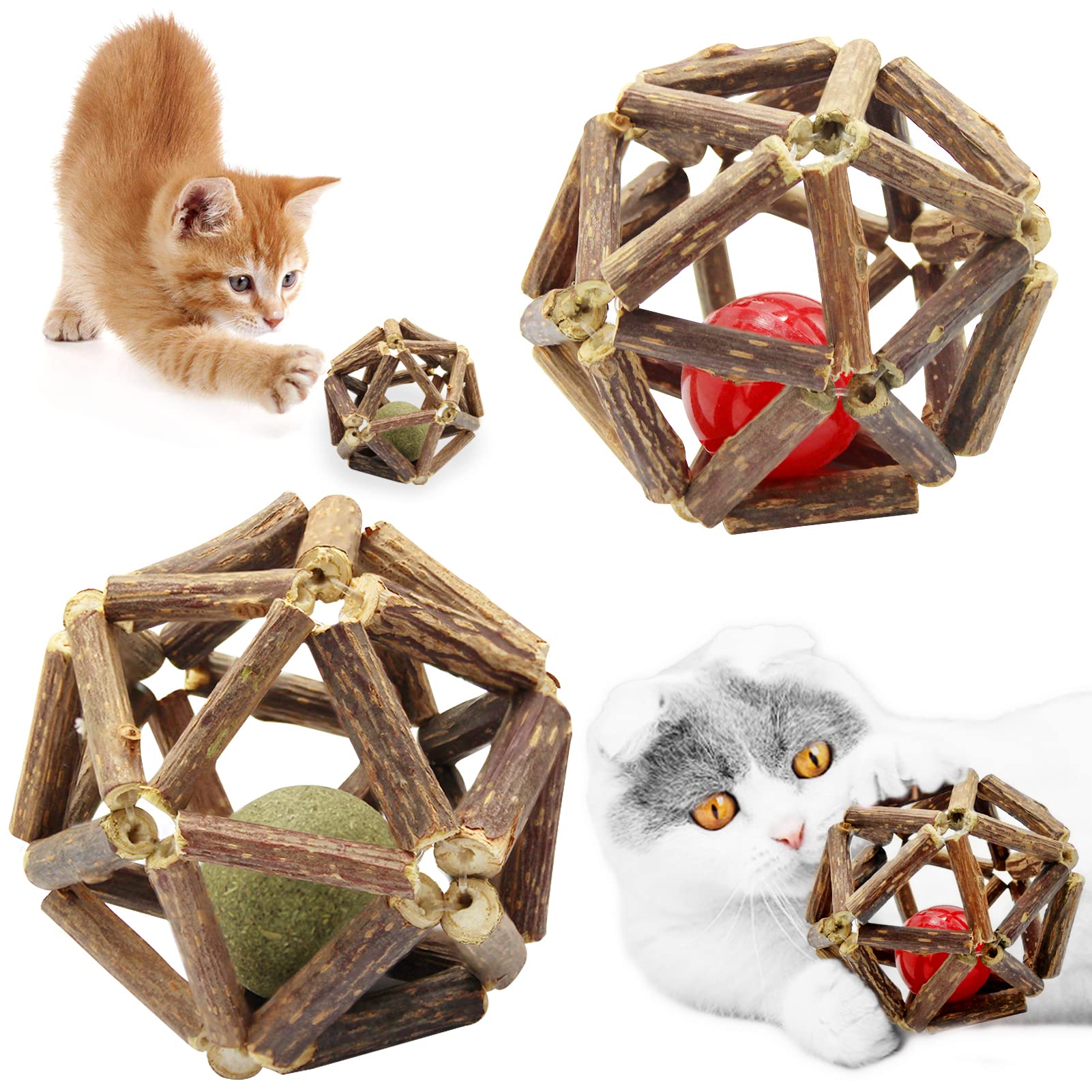 Hioph 2 Pcs Cat Toy Interactive Catnip Balls, Natural Teeth Grinding Chew Mint Ball for Cat, Pet Chasing Wood Rolling Bell Toy