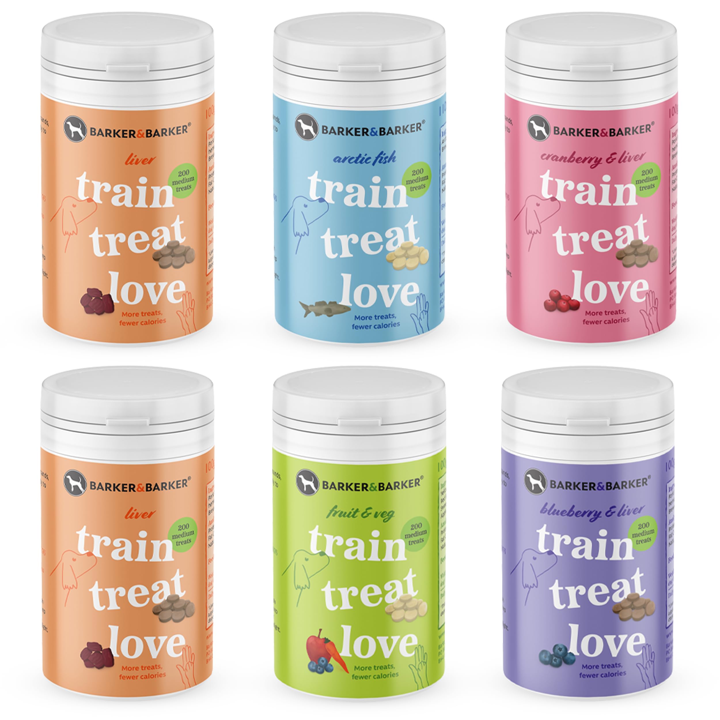 Barker and Barker Grain Free Dog Training Treats Multi Pack - 6 Pots of Medium Treats 480g | Low Calorie, High in Protein & B Vitamins | No Artificials - 100% Human-Grade for Small & Medium Dogs