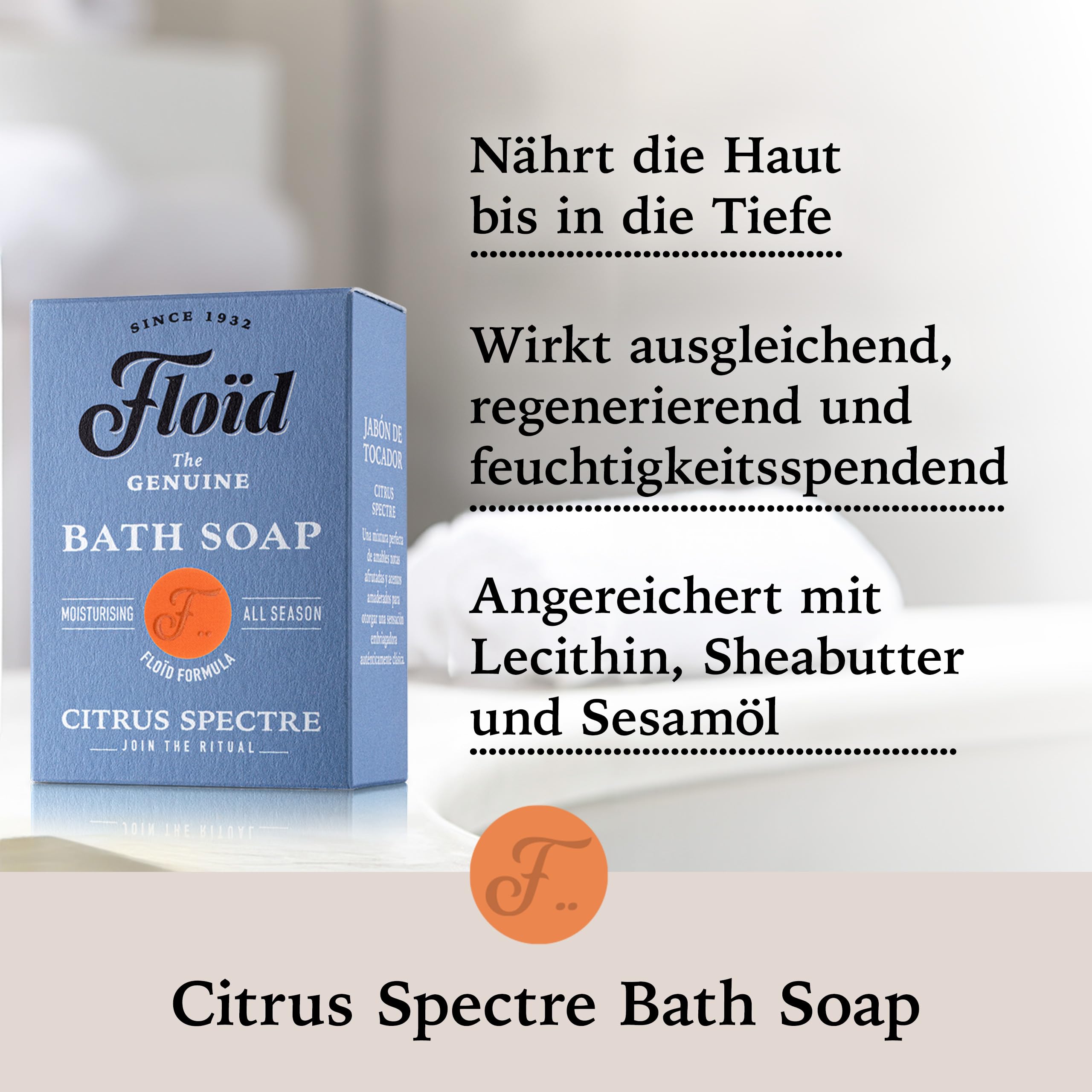 Floïd Citrus Spectre Bath Soap, 100 % pflanzliche Bade- & Duschseife mit pflegendem Lecithin, Sheabutter & Sesamöl, schützt die Haut und macht sie weich und geschmeidig 3