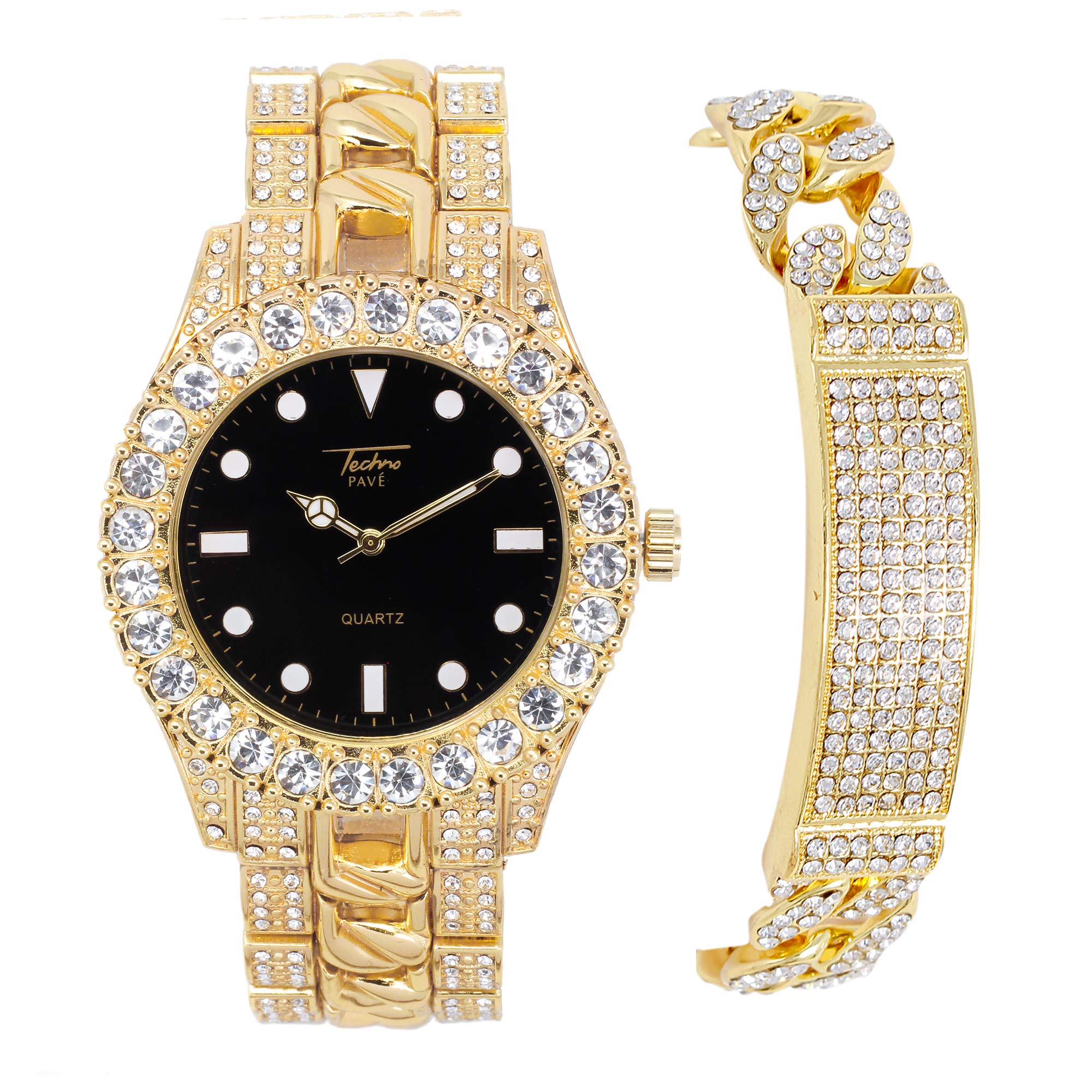 Mens Round ICY Bling-ed Out Solitaire Bezel Watch with Lab Diamonds and Iced Out Cuban Style Watch B