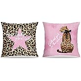FITIE Trendy Pink Star Leopard Pillow Covers 18x18, Cheetah Print Room Decor, Funky Preppy Coquette Bow Leopard Star Decorative Throw Pillow Covers for Girls Bedroom Apartment Home, Set of 2