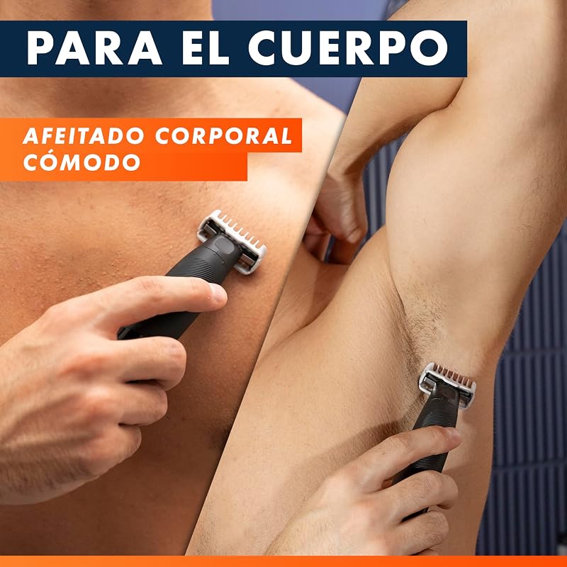 Aparador de barba e barbeador Fusion One, preto - Barbeiro tudo-em-um para rosto e corpo, cabeça pivotante, 4 pentes, tampa protetora, resistente à água, 45 minutos de uso