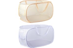LVXINLI collapsible laundry baskets, Pop Up Laundry Hamper, Foldable mesh Laundry Baskets (Each with 2 Reinforced Handles) (Beige+White)……