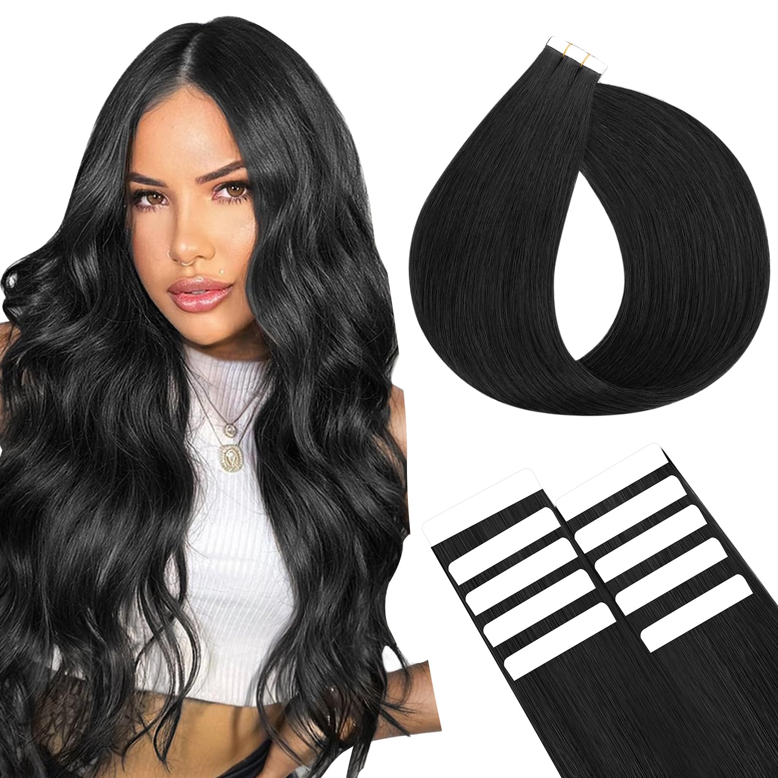 SEGOHAIR 10Pcs Human Hair Tape in Extensions, 22" Thin Tape Hair Extensions,Human Hairpieces Tape in Hair Extensions with 5pcs Replacement Tape Jet Black(15g) — image 1
