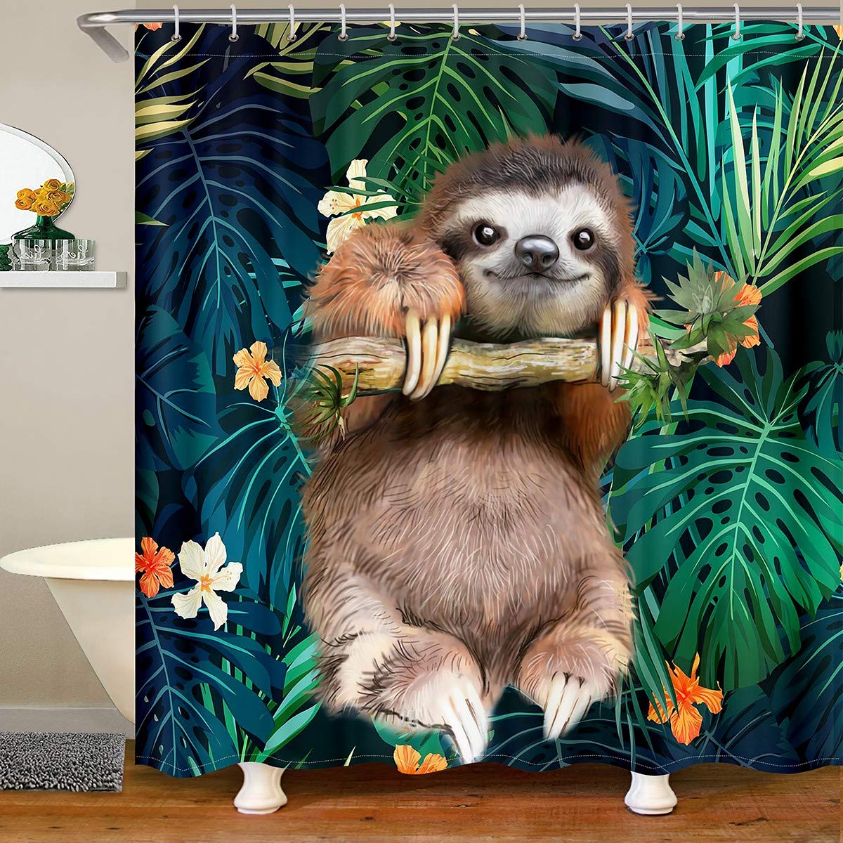 Loussiesd Cute Sloth Shower Curtain Cartoon Animal Bath Curtain for Stalls Bathtubs Funny Lazy Sloth Tropical Leaves Floral Bathroom Shower Curtain Nature Themed Waterproof Curtain Decor 180x200cm — image 1