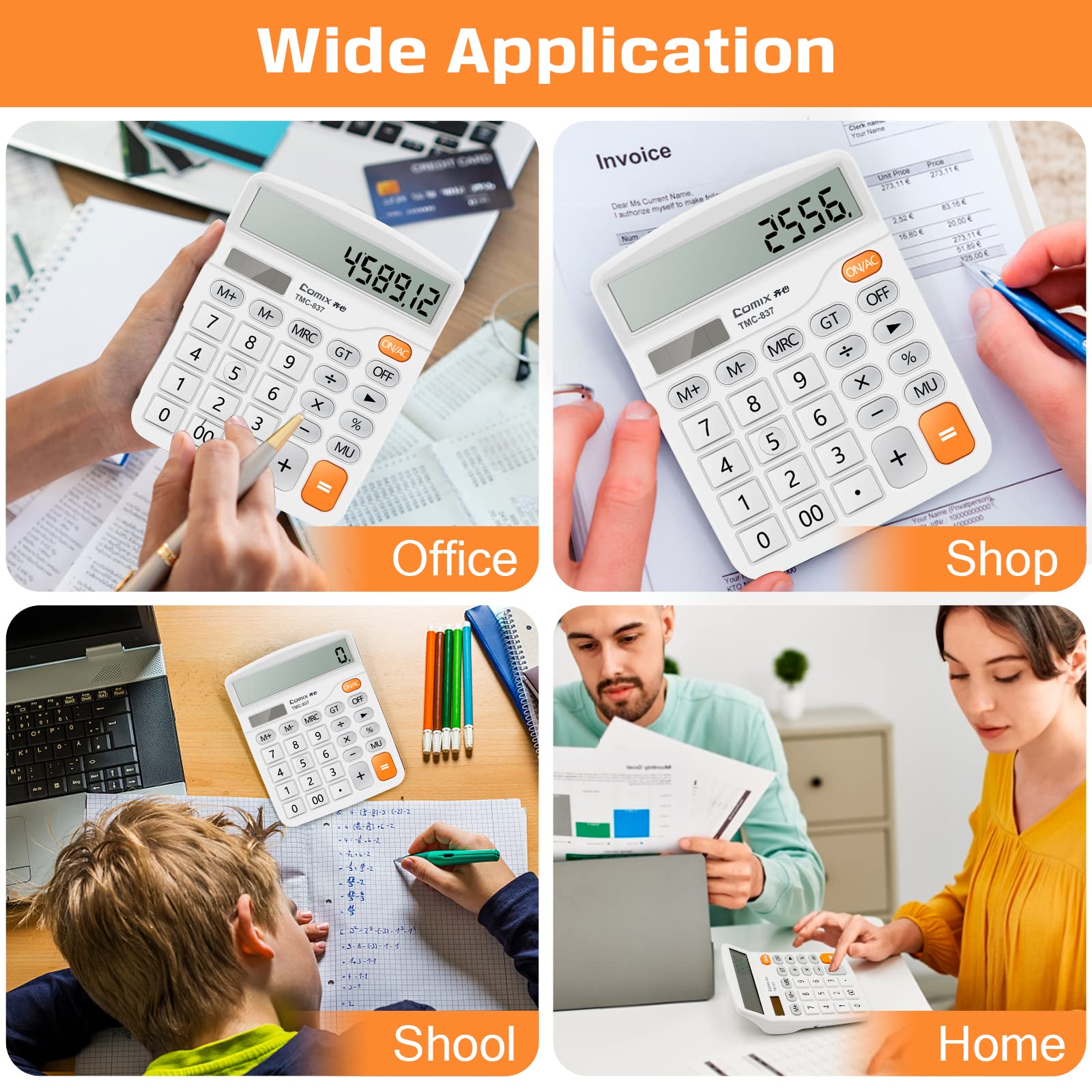 Comix Desktop Calculator 12 Digit with Large LCD Display and Big Button, 12 Digits Baisc Calculator, Solar Battery Dual Powered, for Office Home School C-1832(White)