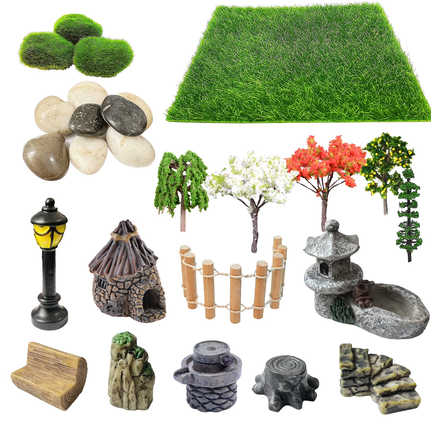 Cayway 26 PCS Outdoor Fairy Garden Miniatures Mini Zen Garden Accessories, Artificial Garden Grass, Model Trees, Terrarium Ornaments, Dollhouse Supplies (26 PCS)