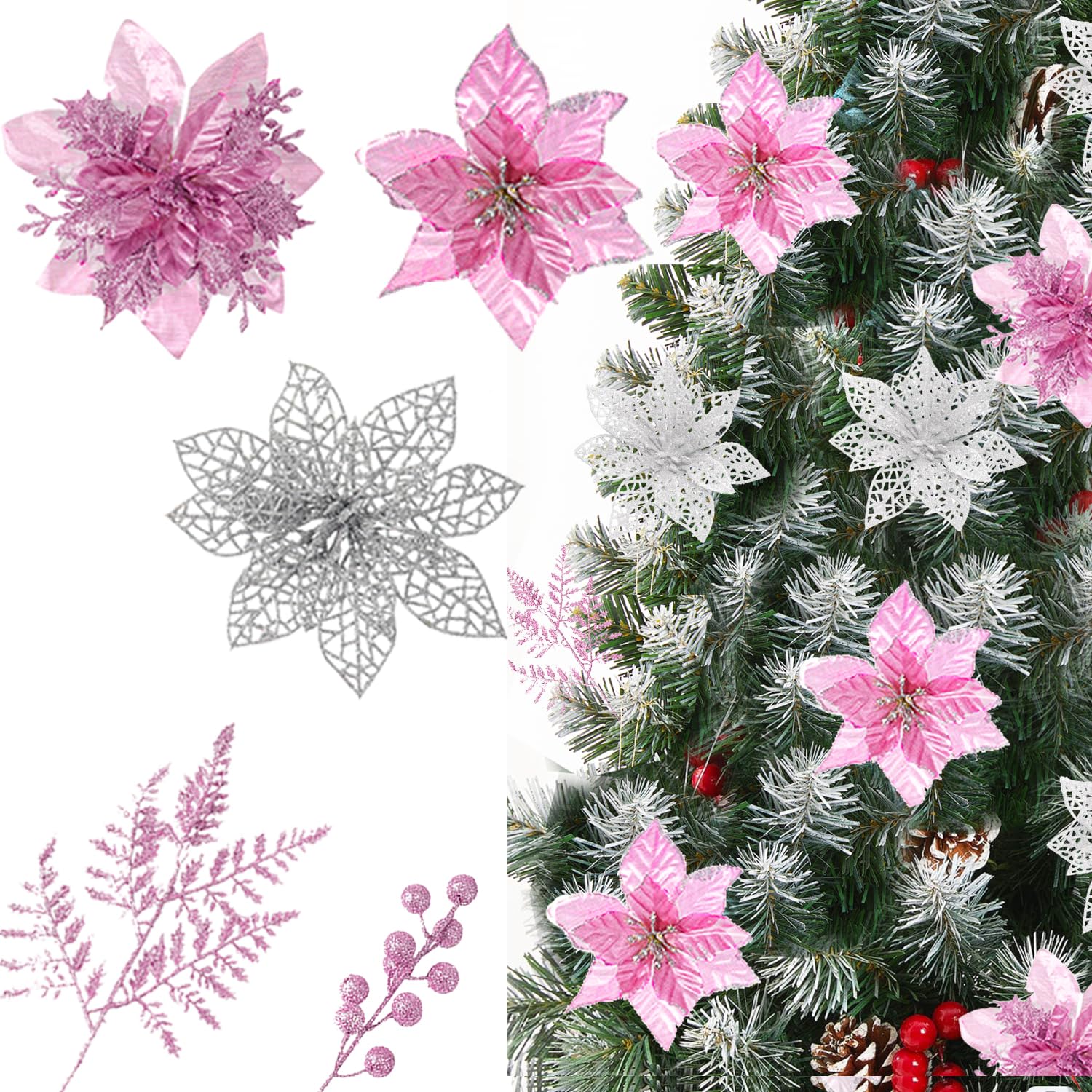 Zhuqing 30pcs Poinsettia Flowers Artificial for Christmas Tree Decorations, Christmas Tree Decor with Stems, Christmas Flowers for Holiday Home Mantle Decor Pink