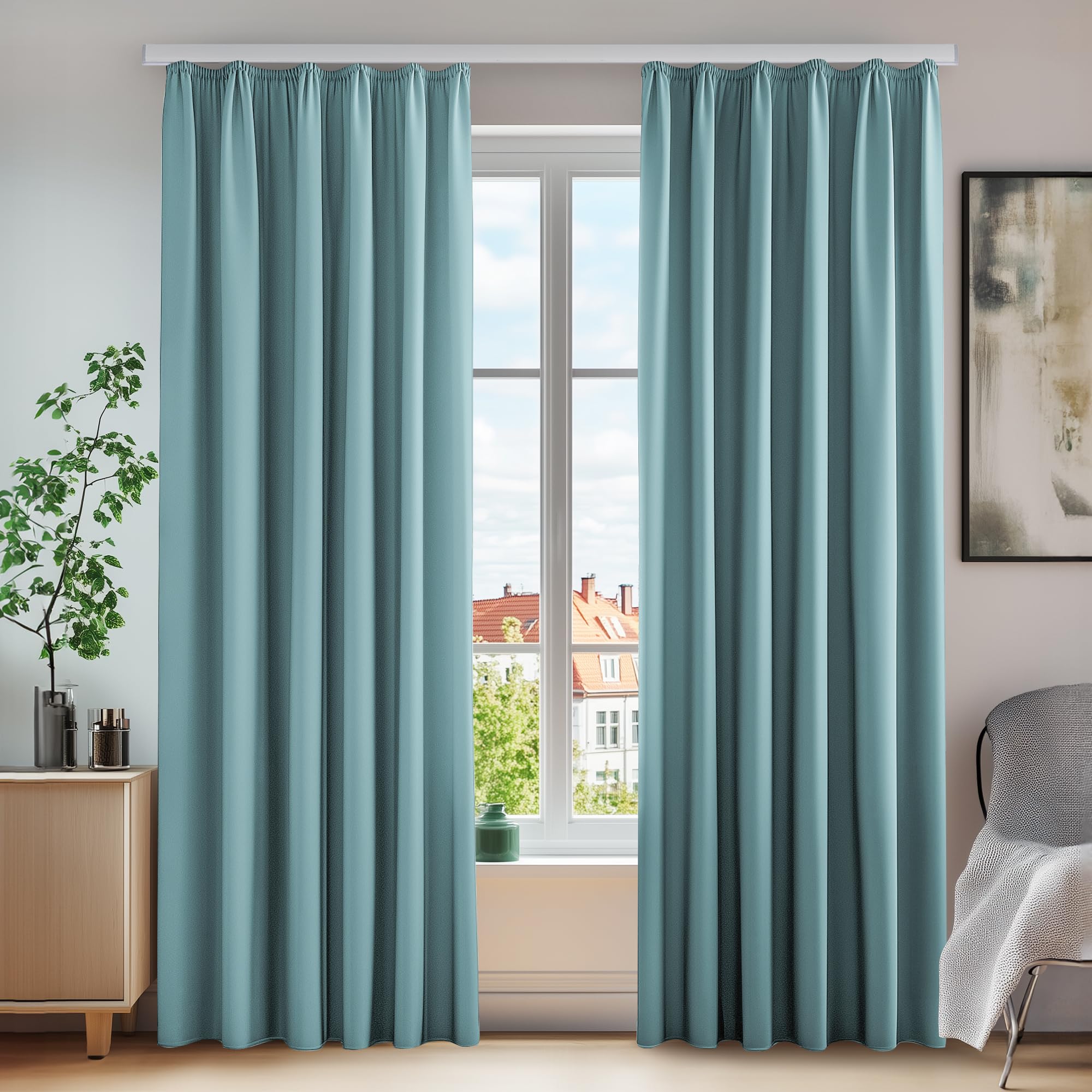 Deconovo Pencil Pleat Blackout Curtains W55 x L87 Inch Sky Blue One Pair
